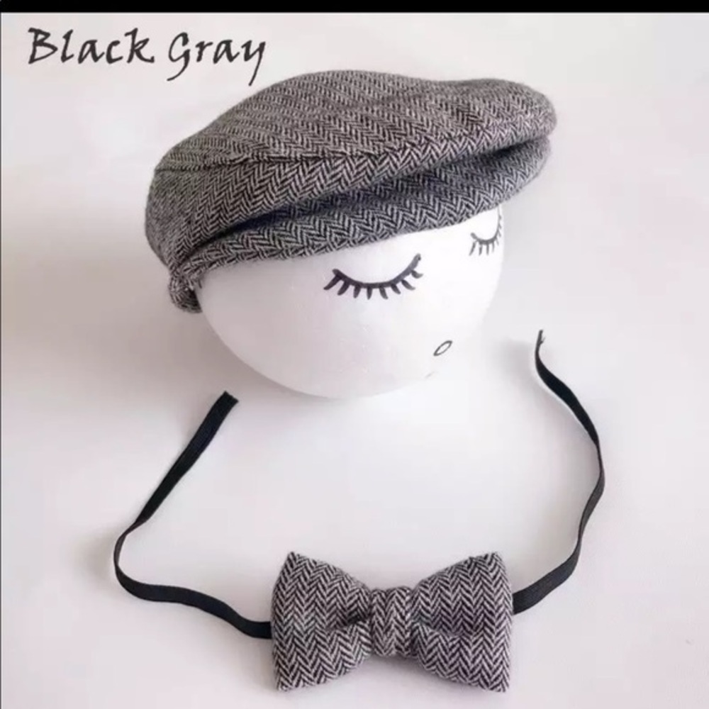 Black/grey newborn cap and bow tie. - Picture 3 of 3